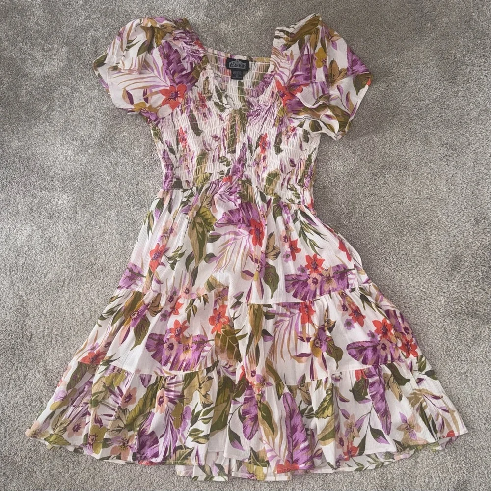Angie - Floral Purple Green Pink Dress Stretch Top Flowy Floral Casual - XL - Picture 2 of 4